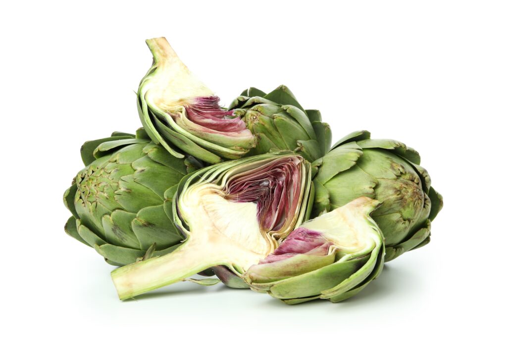 Fresh raw artichoke isolated on white background